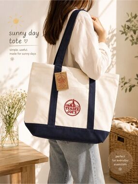 NWT Trader Joe’s Large Reusable Cotton Canvas Tote Bag Navy & Natural